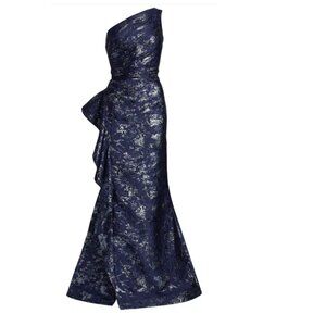 Teri Jon by Rickie Freeman Metallic Jacquard One-Shoulder Gown